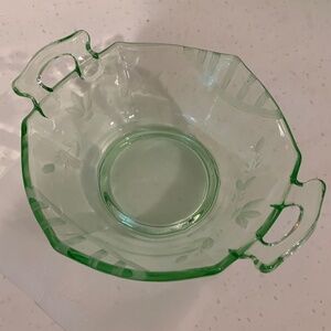 Vintage Depression Glass Bowl with Handles..Etching ..beautiful